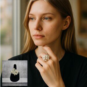 Ring "Cluster of Pearls" with Faux Pearls, Silver Toned Band